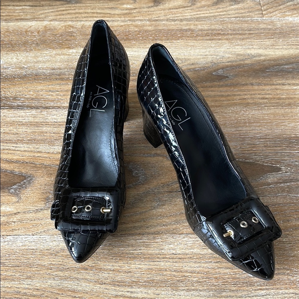 AGL Black Buckle Croc-Embossed Pumps